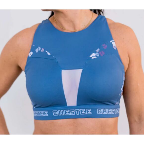 NWOT CHESTEE Blue Floral Full Coverage Lifting Crossfit Sports Bra Womens 4 - Picture 1 of 4